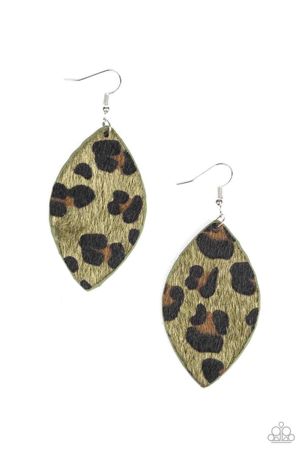 Paparazzi Accessories GRR-irl Power! - Green Featuring brown and black cheetah print, a fuzzy green almond-shaped frame swings from the ear for a wild look. Earring attaches to a standard fishhook fitting. Jewelry