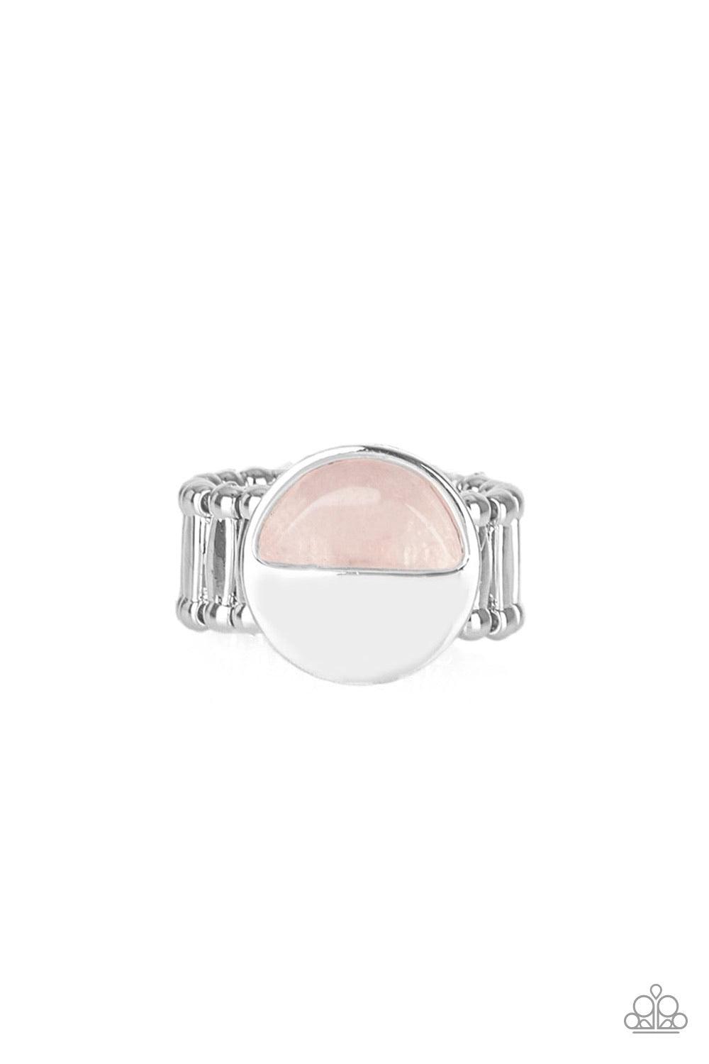 Paparazzi Accessories Stone Seeker - Pink Chiseled into a tranquil crescent shape, a glassy pink stone is pressed into the bottom half of a circular silver frame for an on-trend look. Features a stretchy band for a flexible fit. Jewelry