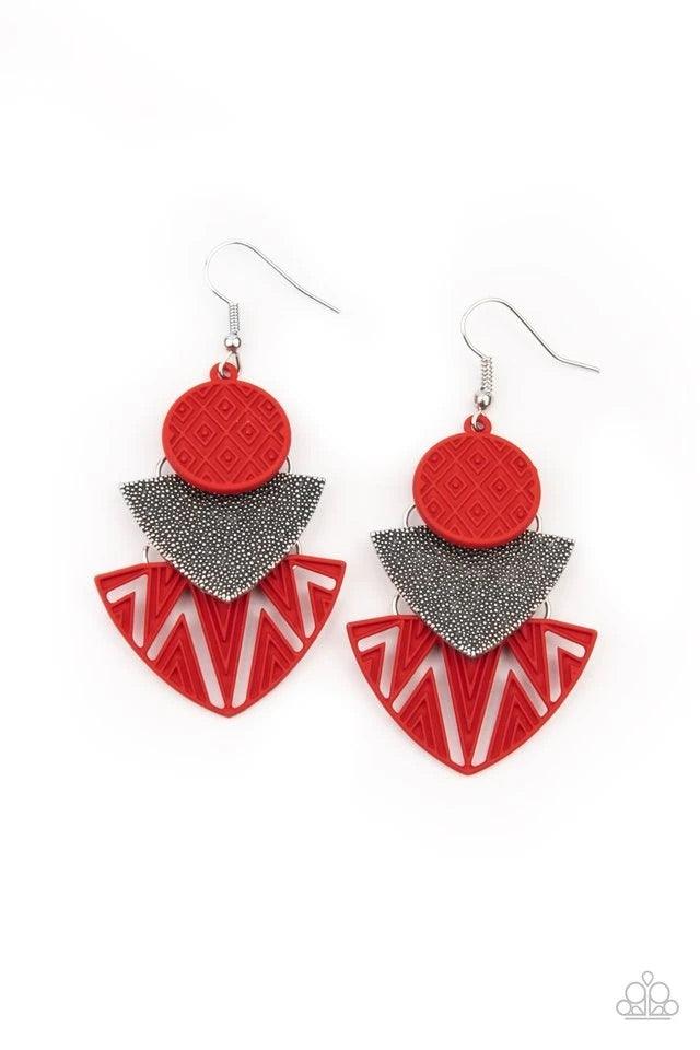 Paparazzi Accessories Jurassic Juxtaposition - Red Painted in a fiery red matte, textured frames flank a studded silver frame, connecting into a colorful tribal inspired lure. Earring attaches to a standard fishhook fitting. Jewelry