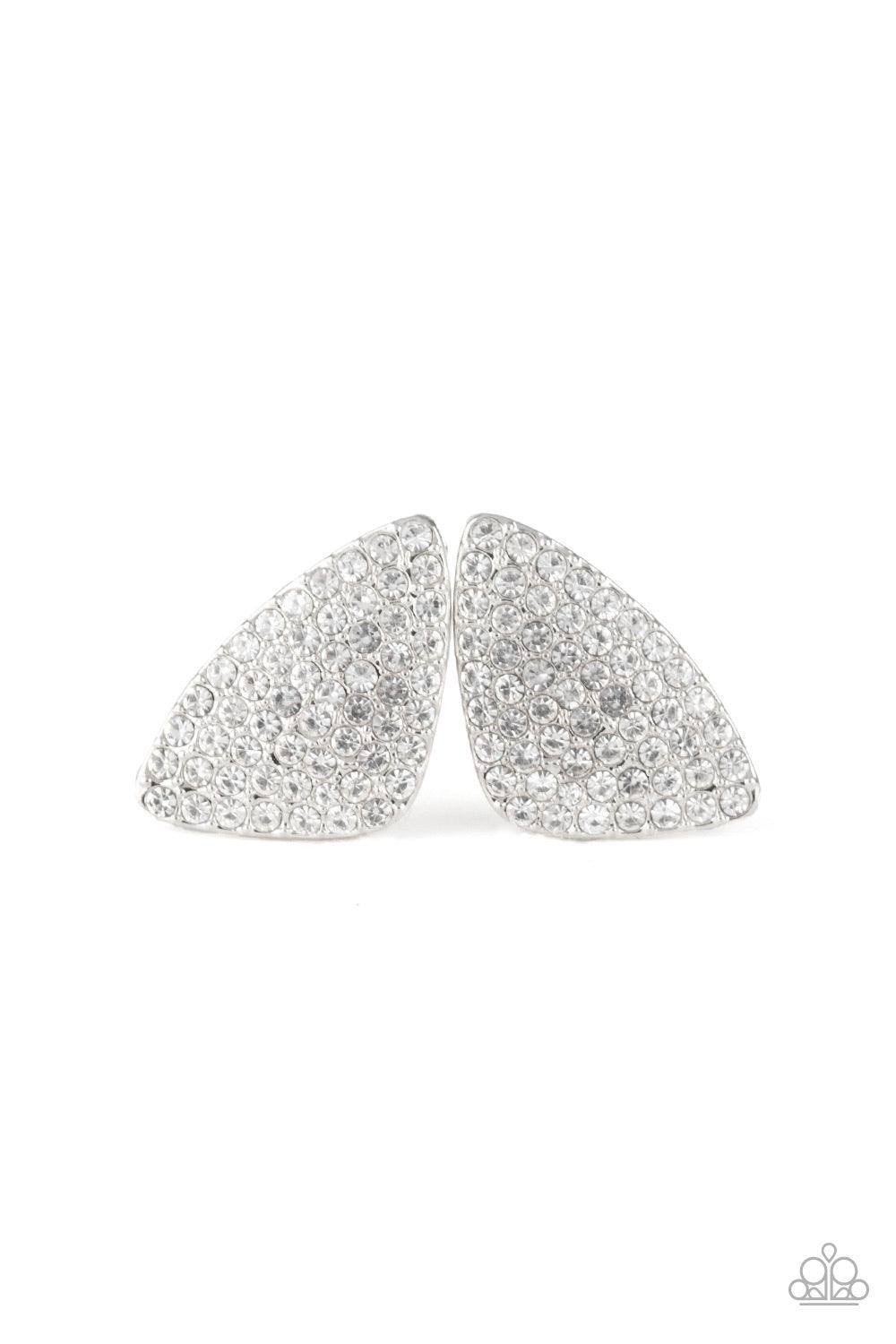 Paparazzi Accessories Supreme Sheen - Silver The front of a triangular shaped frame is encrusted in row after row of glassy white rhinestones for a blinding look. Earring attaches to a standard post fitting. Jewelry