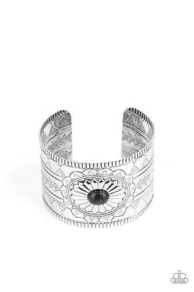 Paparazzi Accessories Aztec Artisan - Black Dotted with a black stone center, a thick silver cuff is etched, stamped, and embossed in geometric tribal inspired textures for a seasonal look. Jewelry