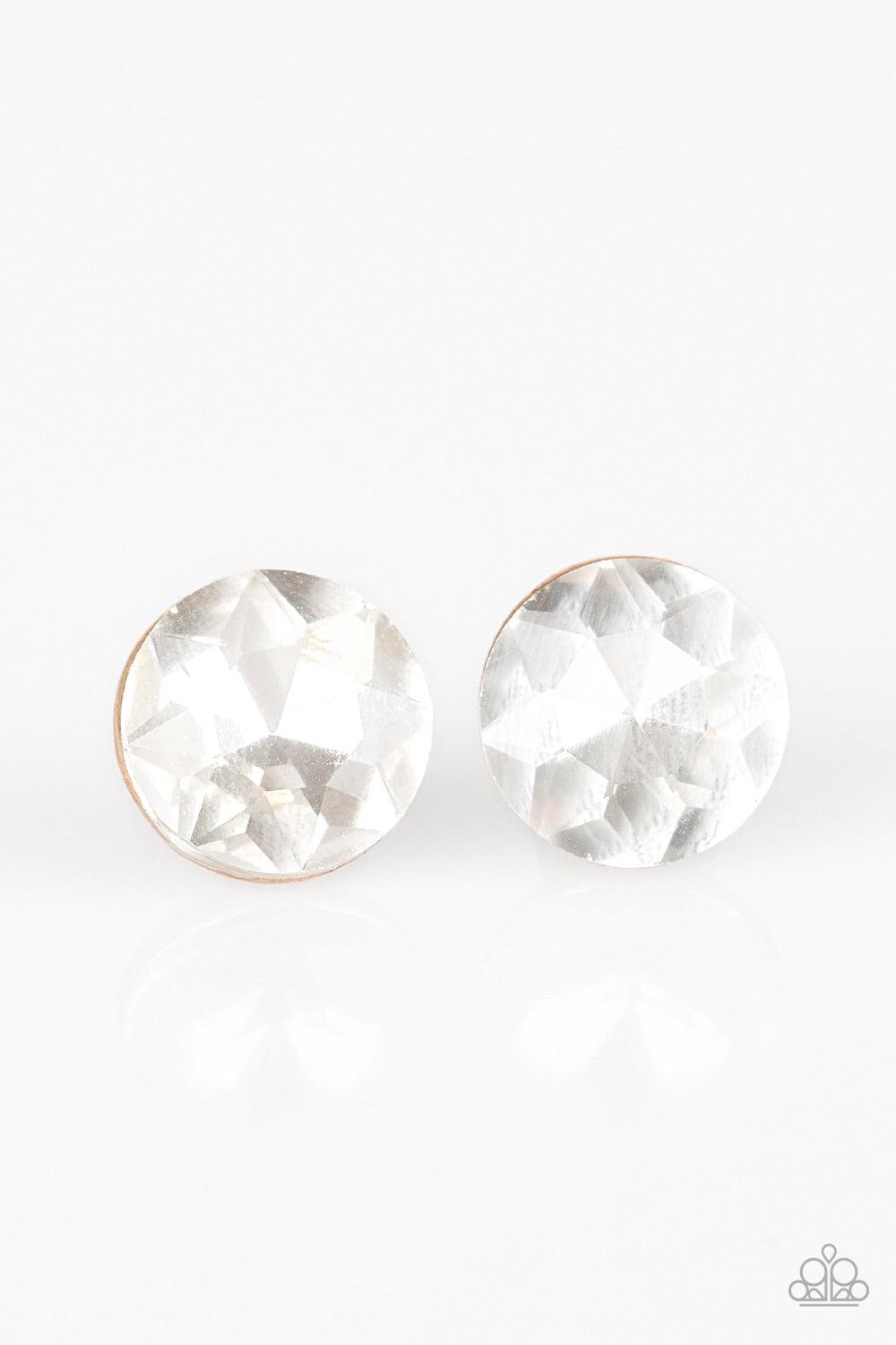 Paparazzi Accessories GLOWING, GLOWING, Gone - Gold A sparkling white rhinestone is nestled inside a round gold frame for a timeless look. Earring attaches to a standard post fitting. Jewelry