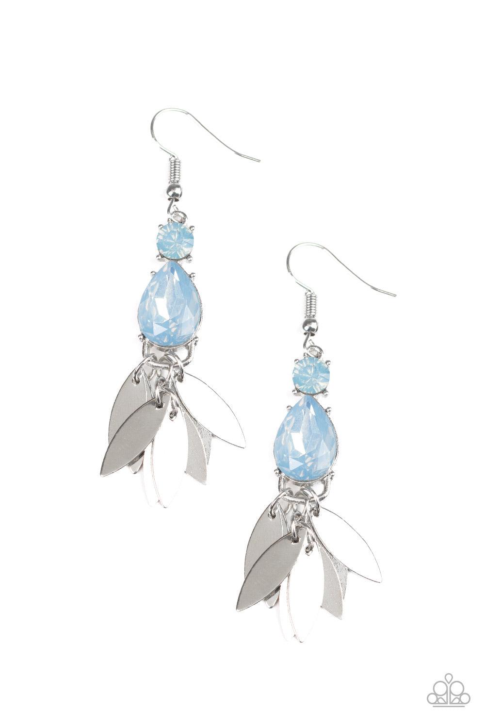 Paparazzi Accessories Tropical Tranquility ~Blue Featuring a shimmery blue opalescence, a round rhinestone stacks atop a matching teardrop rhinestone. Shiny silver marquise frames dangle from the bottom of the stacked lure, creating a noisy fringe. Earrin