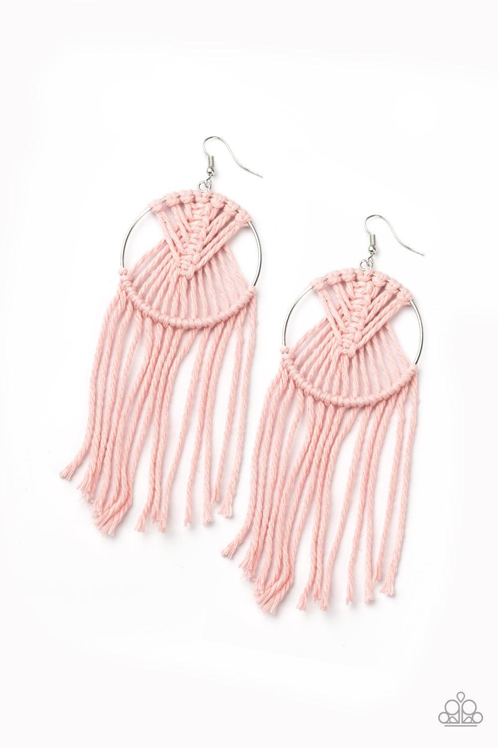 Paparazzi Accessories MACRAME, Myself, and I - Pink Soft Coral Pink twine is decoratively knotted around a silver hoop, creating a trendy tassel. Earring attaches to a standard fishhook fitting. Jewelry