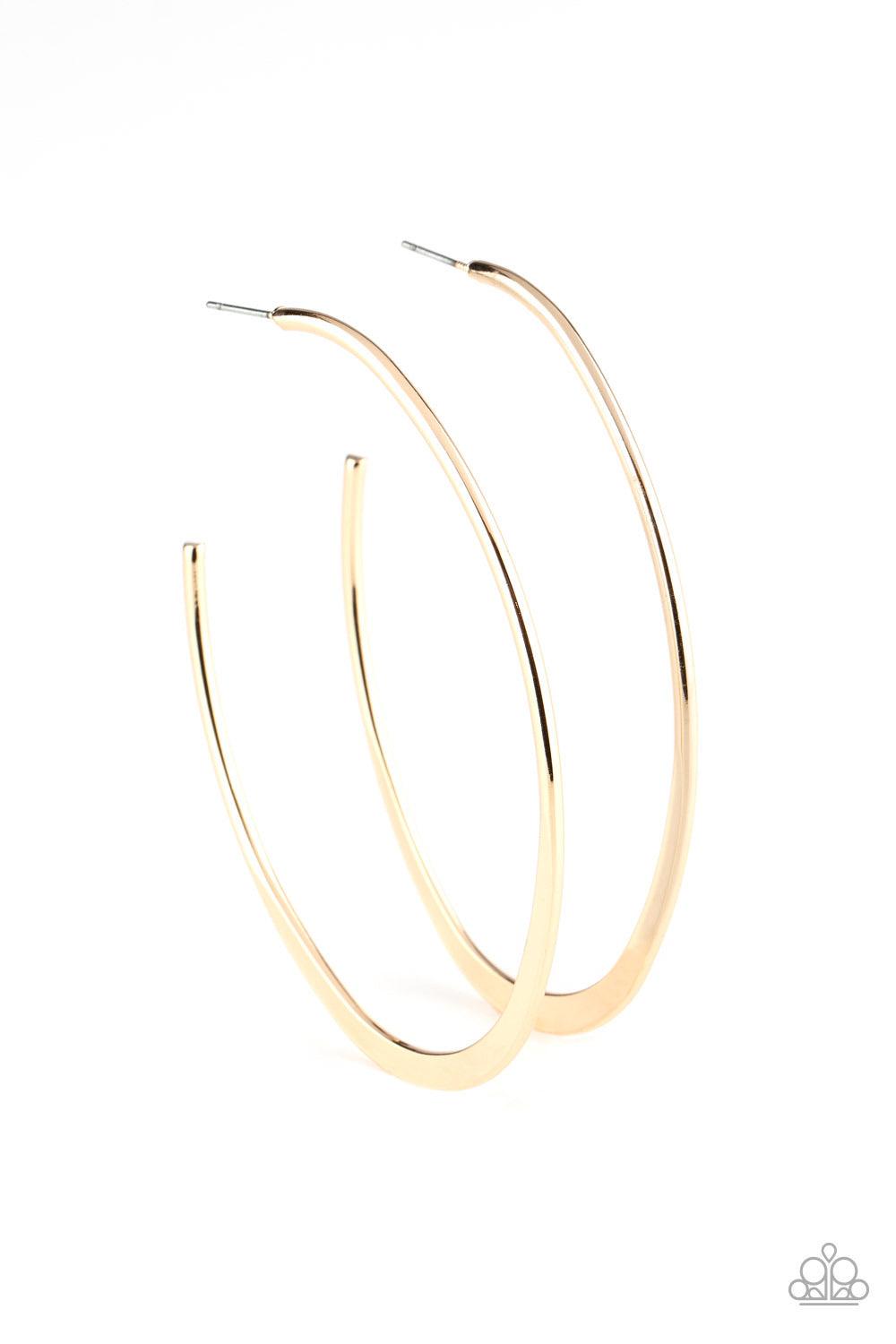 Paparazzi Accessories Flatlined - Gold The bottom of a gold oval hoop has been dramatically flattened, adding extra shimmer to the oversized curve. Earring attaches to a standard post fitting. Hoop measures approximately 2 1/4" in diameter. Sold as one pa