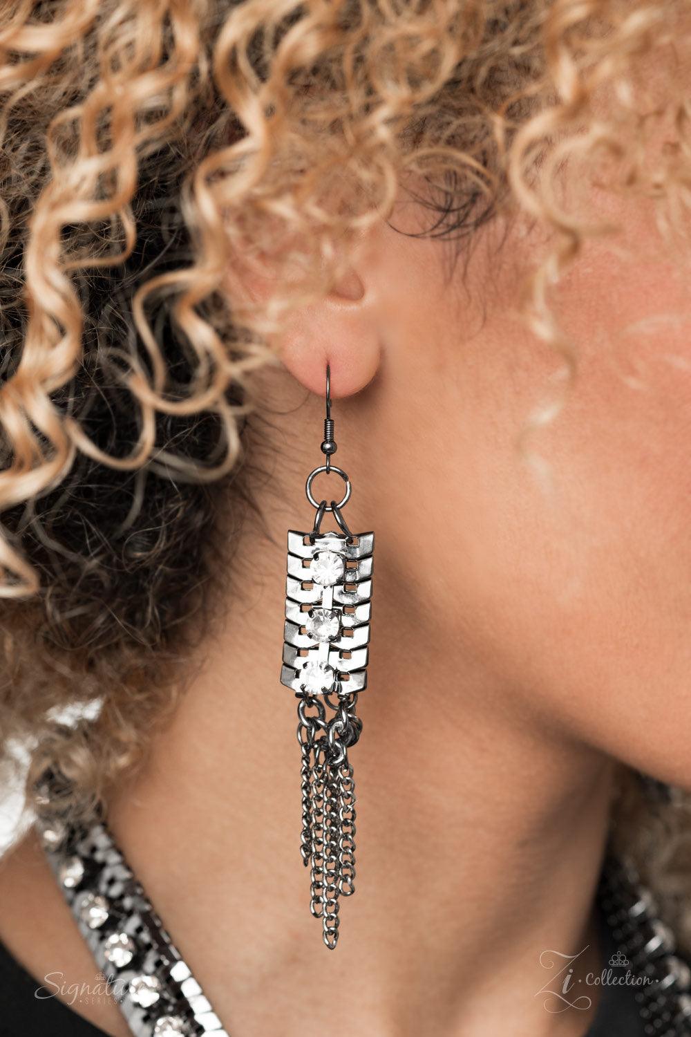 Paparazzi Accessories The Alex 💗💗ZiCollection $25💗💗 A sassy curtain of mismatched gunmetal chains tapers from the bottom of a dramatic row of glassy white rhinestones that have been delicately fastened to an edgy row of flattened gunmetal chain. The e