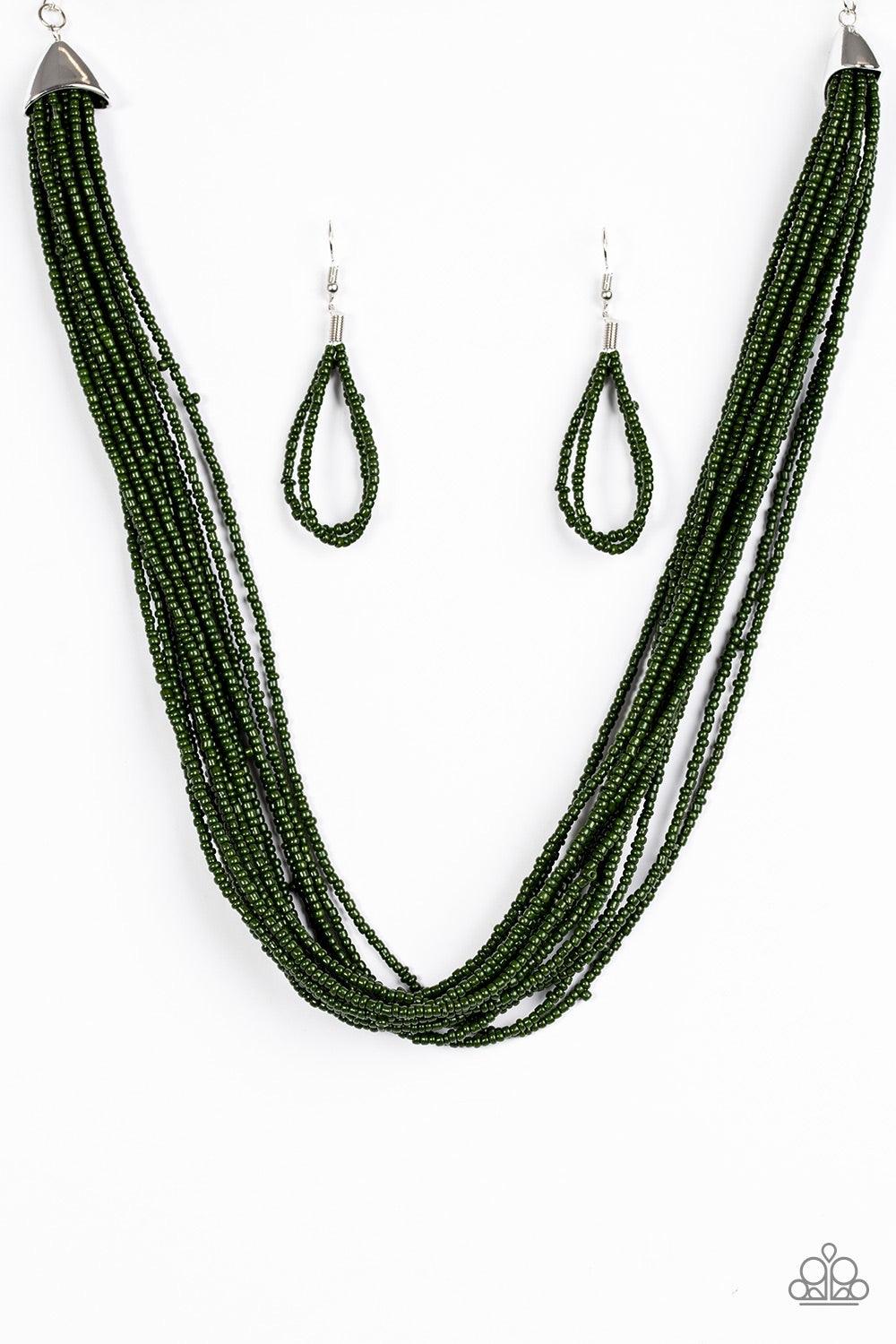 Paparazzi Accessories Wide Open Spaces - Green Infused with two large silver fittings, refreshing green seed beads are threaded along countless strands, creating dramatic layers below the collar for a seasonal look. Features an adjustable clasp closure. J