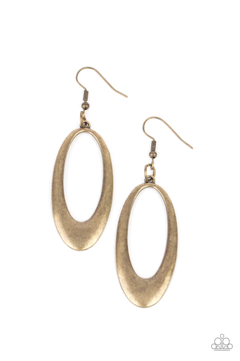 Paparazzi Accessories Oval The Hill - Brass Featuring a flared bottom, an antiqued brass oval frame swings from the ear for a rustic flair. Earring attaches to a standard fishhook fitting. Sold as one pair of earrings. Jewelry