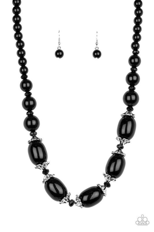 Paparazzi Accessories After Party Posh - Black Infused with decorative silver fittings and black crystal-like beads, oversized black beads boldly link below the collar for a glamorous pop of color. Features an adjustable clasp closure. Sold as one individ