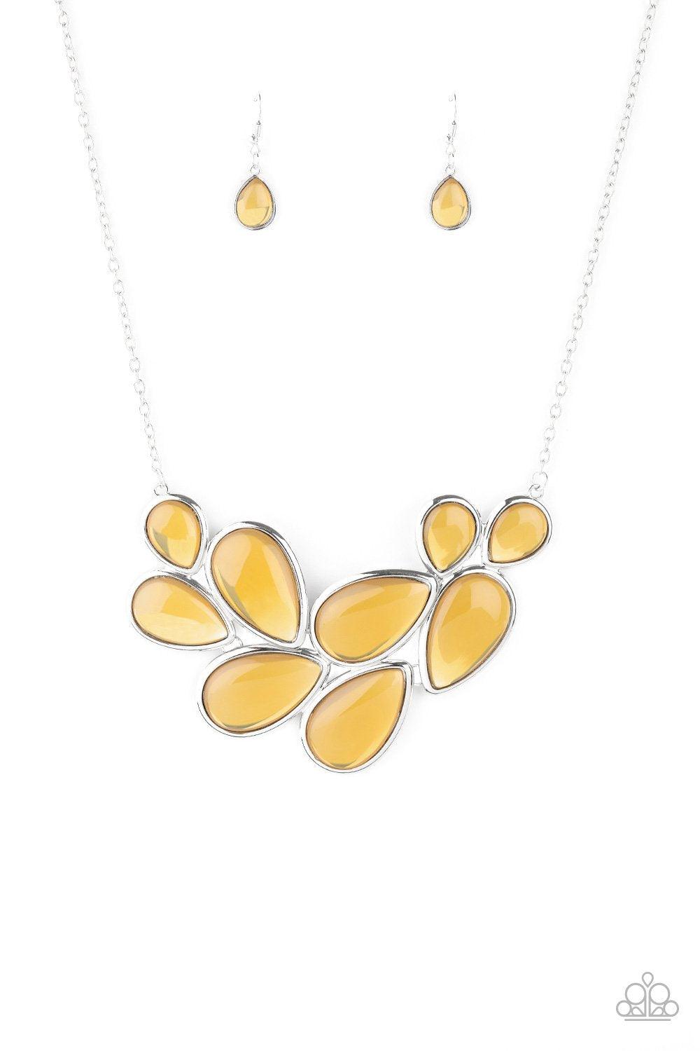 Paparazzi Accessories Iridescently Irresistible - Yellow Sleek silver frames encase opalescent yellow teardrops that cluster together to create a bubbly statement piece. Features an adjustable clasp closure.Sold as one individual necklace. Includes one pa