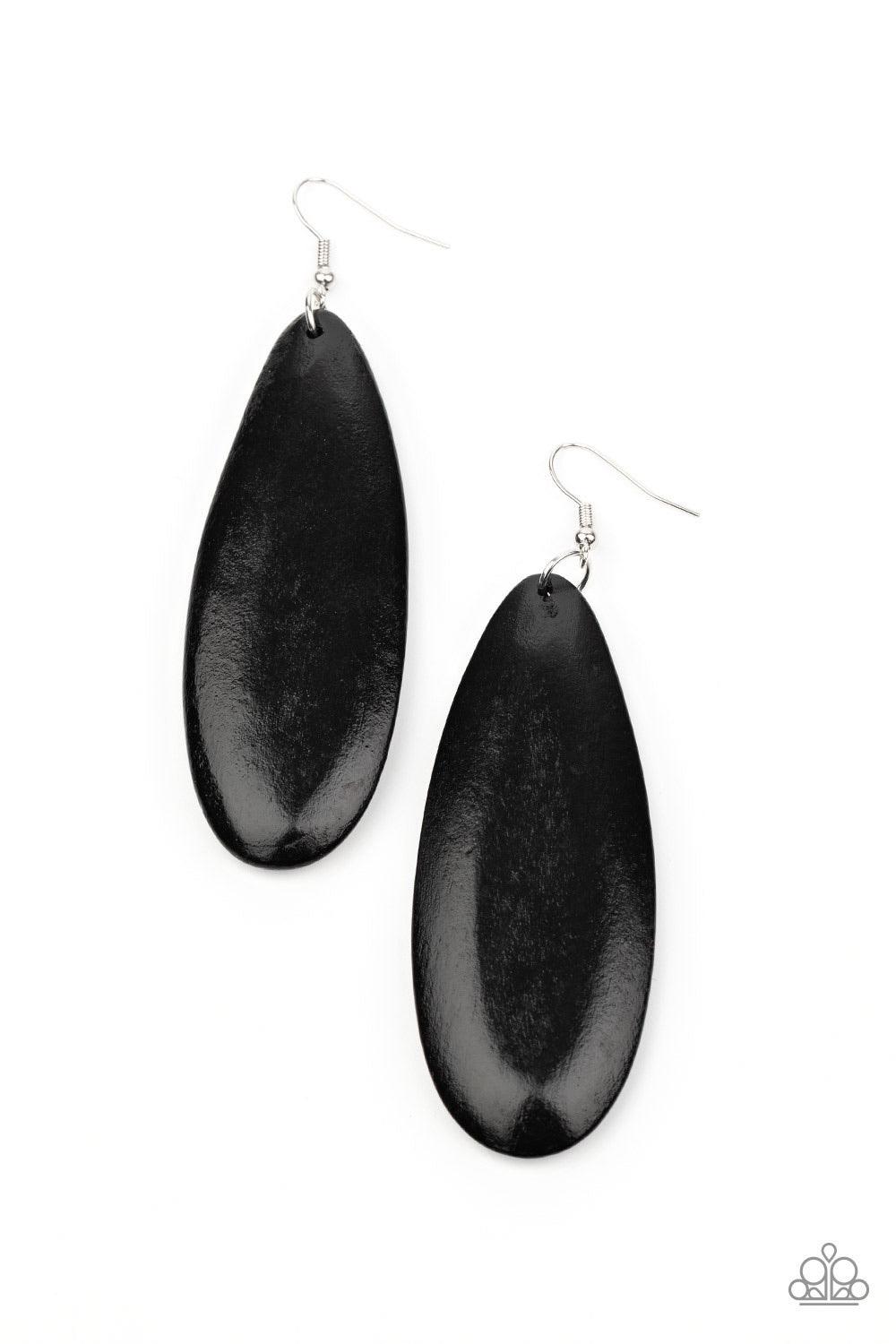 Paparazzi Accessories Tropical Ferry ~Black Painted in a shiny black finish, an imperfect wooden teardrop swings from the ear for a tropical inspired look. Earring attaches to a standard fishhook fitting. Sold as one pair of earrings.