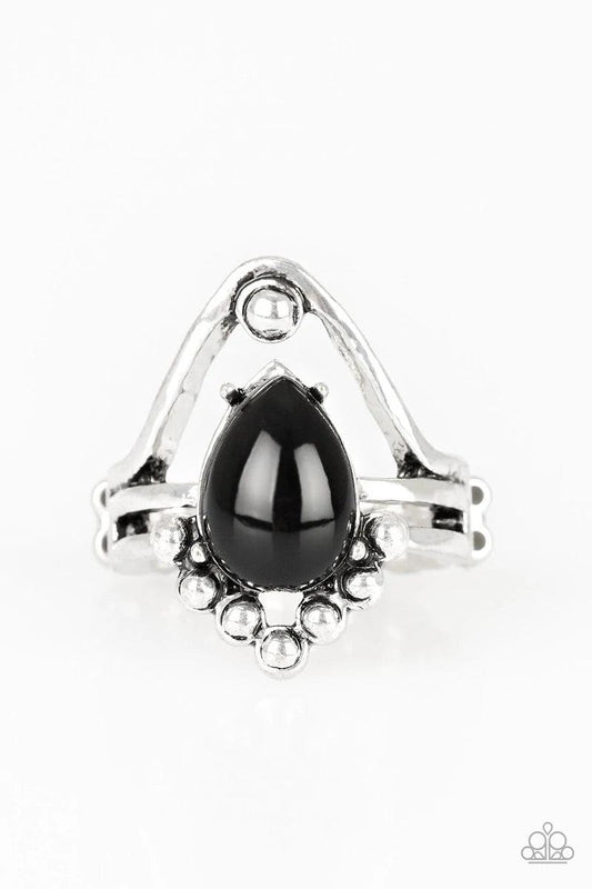 Paparazzi Accessories The Bold and the BEAD-iful - Black Antiqued silver studs and arcing silver bars wrap into a layered band. A shiny black bead is pressed into the center of the geometric frame for a colorful tribal flair. Features a dainty stretchy ba