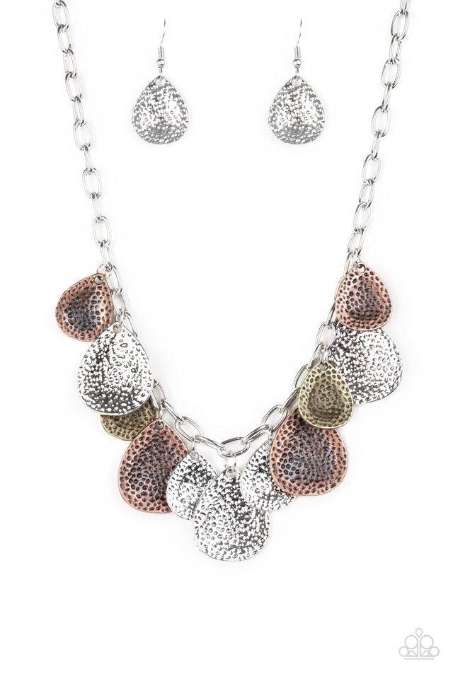 Paparazzi Accessories Storm Goddess - Multi Delicately hammered in light-catching shimmer, copper, brass, and silver teardrops drip from the bottom of a glistening silver chain, creating a bold fringe below the collar. Features an adjustable clasp closure