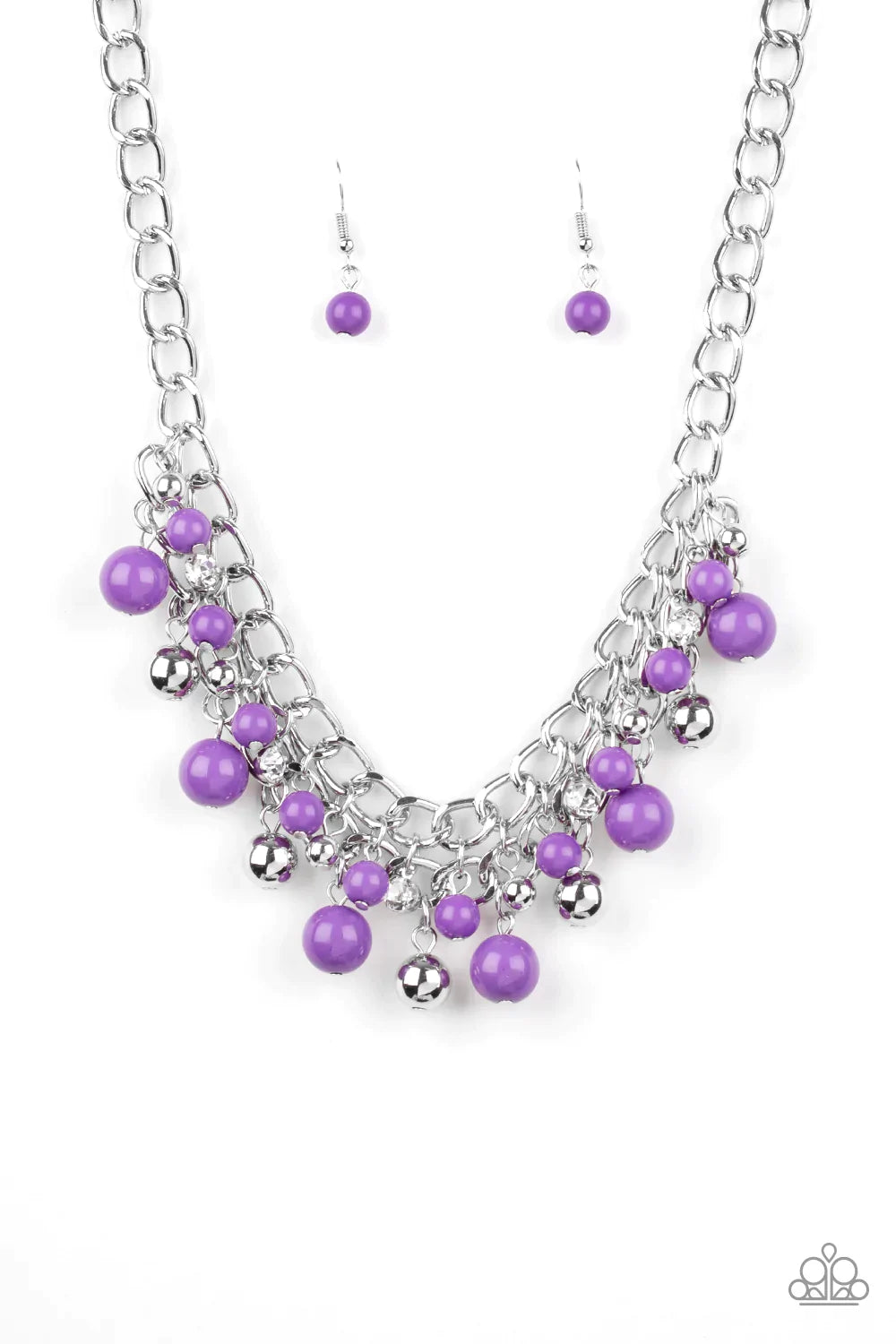 Paparazzi Accessories The Bride To BEAD - Purple Varying in size, a collection of vivacious purple and shiny silver beads swing from the bottom of interlocking silver chains below the collar. A row of glassy white rhinestones are sprinkled along the color