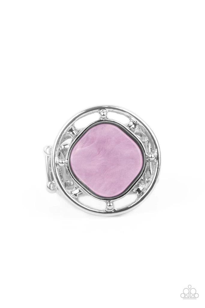 Paparazzi Accessories Encompassing Pearlescence ~ Pink A pearly purple square bead, featuring rounded edges, is encircled with an airy silver compass-like frame creating a shimmering centerpiece atop the finger. Features a stretchy band for a flexible fit