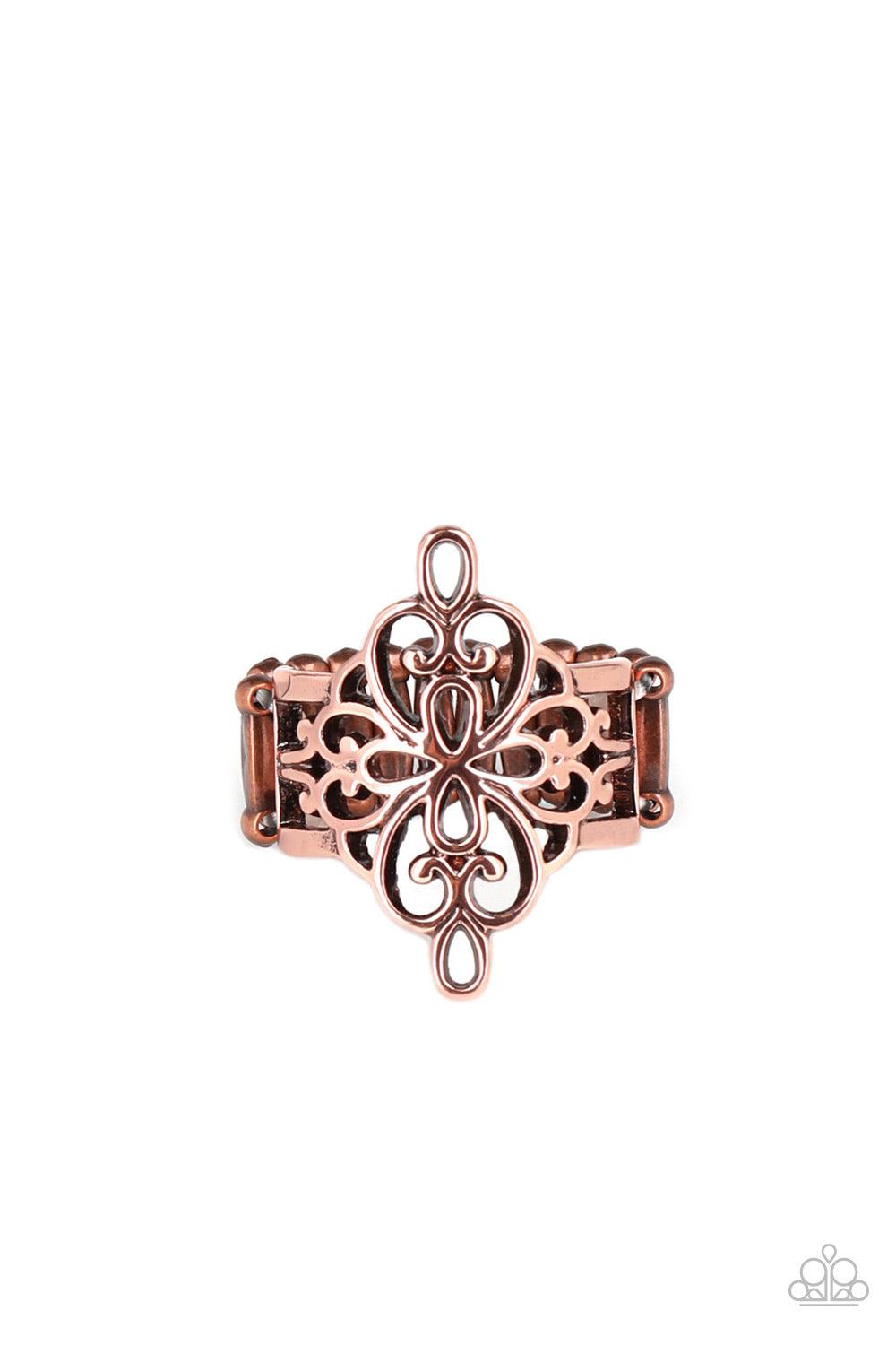 Paparazzi Accessories Walk The Vine ~Copper Brushed in an antiqued shimmer, glistening copper filigree vines and loops across the finger, coalescing into an airy frame. Features a stretchy band for a flexible fit. Sold as one individual ring. Ring