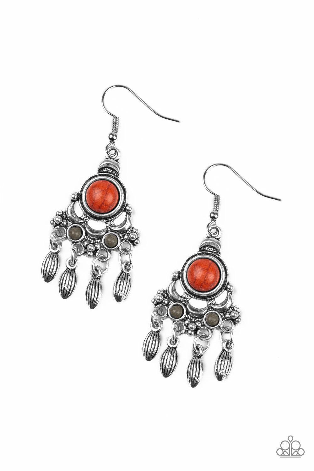 Paparazzi Accessories No Place Like HOMESTEAD - Multi Dotted with earthy orange and gray stone accents, an ornate silver frame gives way to a silver beaded fringe for a seasonal look. Earring attaches to a standard fishhook fitting. Jewelry