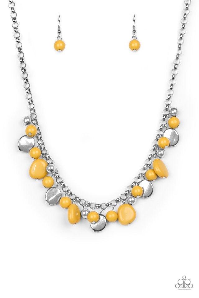 Paparazzi Accessories Flirtatiously Florida ~Yellow Featuring round and asymmetrical shapes, shiny silver and yellow beads swing from the bottom of a bold silver chain, creating a flirtatious fringe below the collar. Features an adjustable clasp closure.