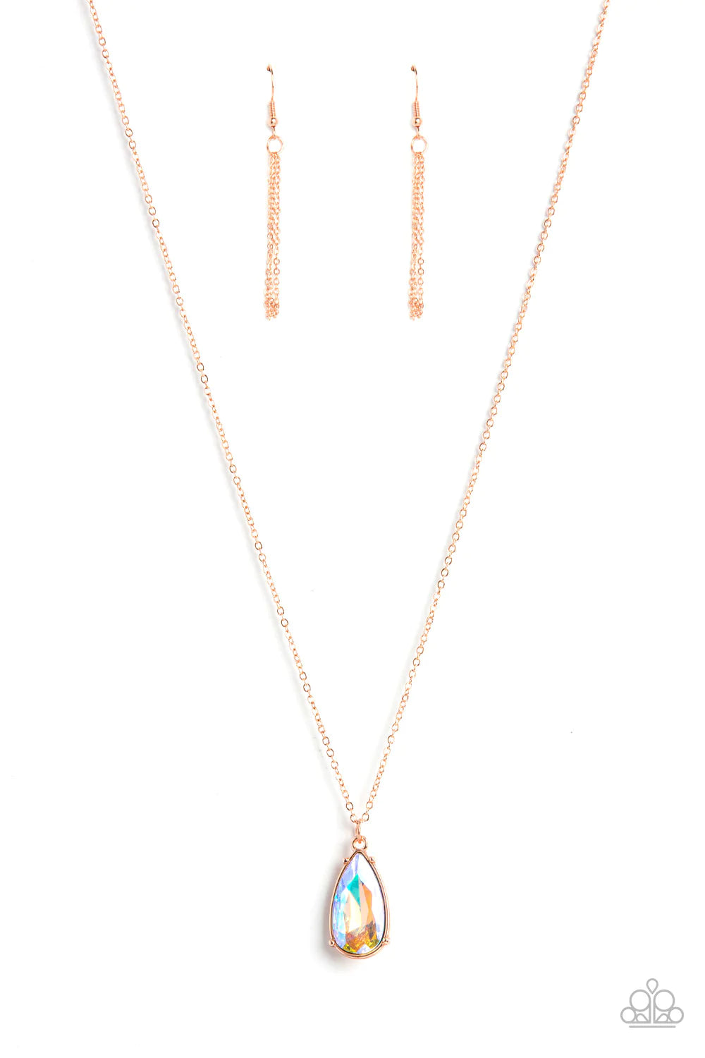 Paparazzi Accessories Interstellar Royal - Copper Encased in a shiny copper fitting, an iridescent teardrop gem glides along a dainty shiny copper chain below the collar for a stellar fashion. Features an adjustable clasp closure. Sold as one individual n
