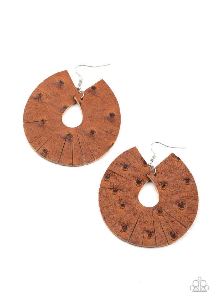 Paparazzi Accessories Palm Island - Brown Dotted in distressed textures, a brown leather teardrop is spliced into a trendy fringe-like pattern. Earring attaches to a standard fishhook fitting. Sold as one pair of earrings. Jewelry