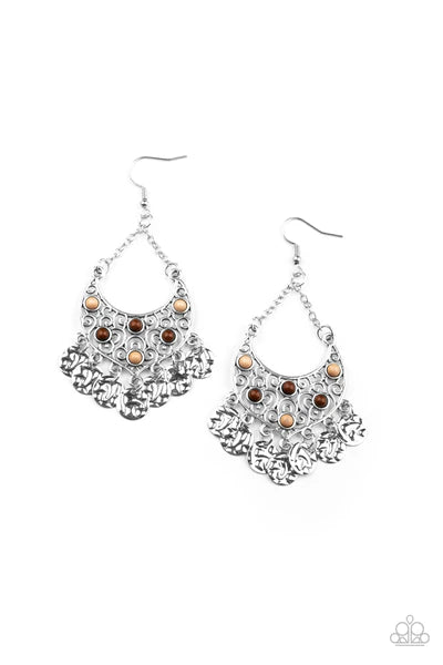 Paparazzi Accessories Musical Murals - Brown Dotted with dainty brown and Almond Oil beads, a shimmery backdrop of vine-like filigree coalesces into an airy frame. Suspended by two dainty silver chains, the whimsical frame gives way to a fringe of hammere