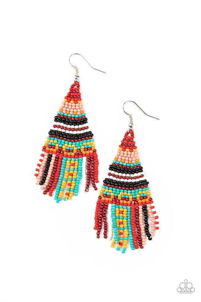 Paparazzi Accessories Beaded Bohemian - Red A dainty collection of red, pink, yellow, black, white, blue, and orange seed beads cascade from the ear in a vivaciously beaded fringe. Earring attaches to a standard fishhook fitting. Sold as one pair of earri