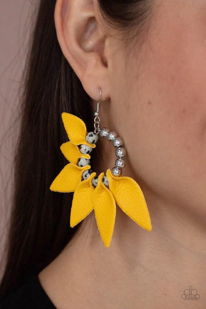Paparazzi Accessories Flower Child Fever - Yellow Infused with a row of shiny silver beads, Illuminating leather petals are separated by black dotted white stones along a dainty silver hoop, creating a wild fringe. Earring attaches to a standard fishhook