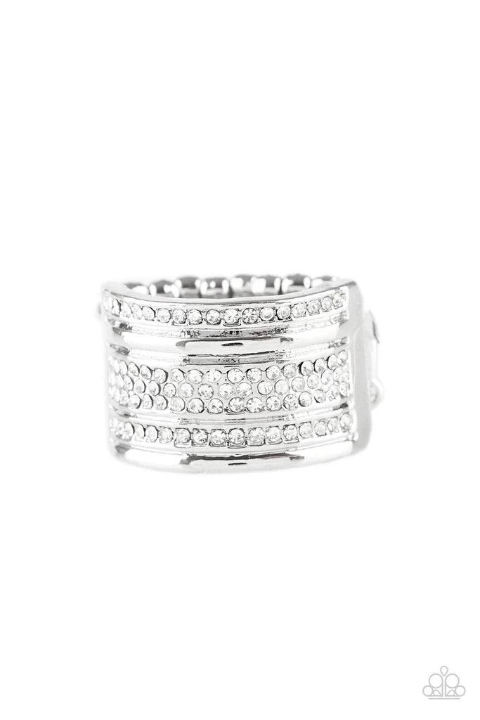 Paparazzi Accessories Top Dollar Drama - White Shimmery silver and white rhinestone encrusted bands stack across the finger for a glamorous look. Features a stretchy band for a flexible fit. Sold as one individual ring. Jewelry
