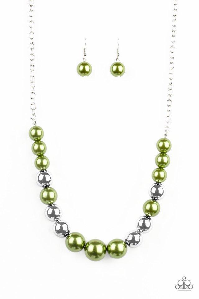 Paparazzi Accessories Take Note - Green A collection of oversized silver and pearly green beads drape across the chest for a refined look. Features an adjustable clasp closure. Sold as one individual necklace. Includes one pair of matching earrings. Jewel
