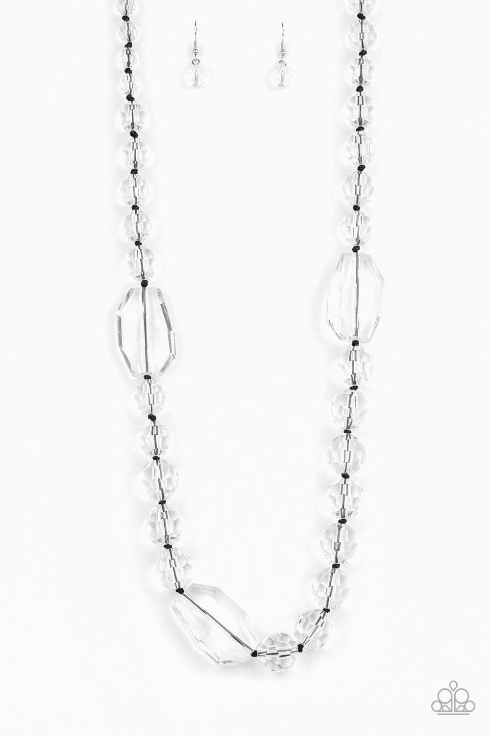 Paparazzi Accessories Malibu Masterpieces - White Varying in shape and size, glassy beads are knotted in place along a shiny black cording, creating a dazzling display across the chest. Features an adjustable clasp closure. Sold as one individual necklace