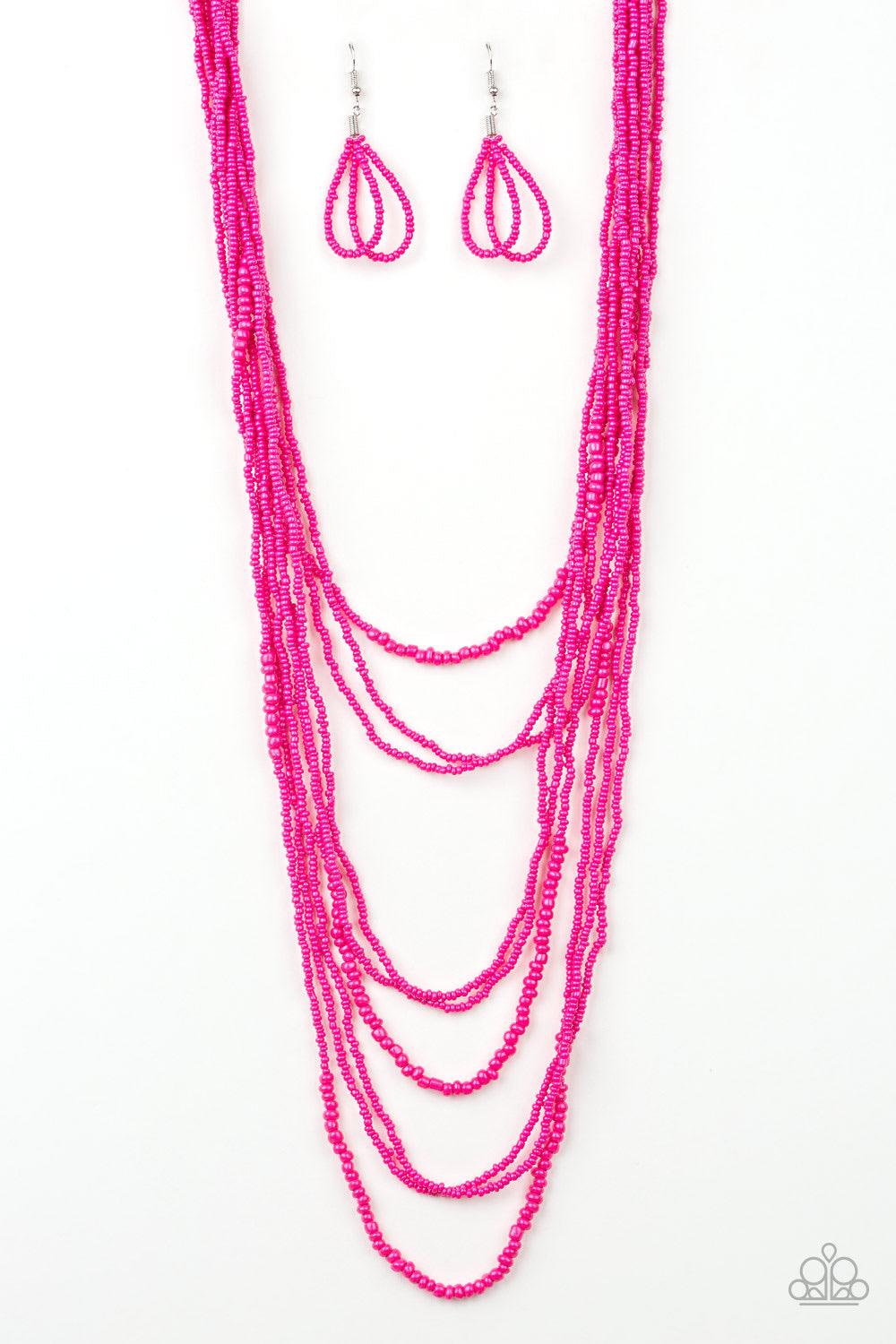Paparazzi Accessories Totally Tonga - Pink Varying in size, row after row of shiny pink seed beads cascade down the chest, creating summery layers. Features an adjustable clasp closure. Jewelry