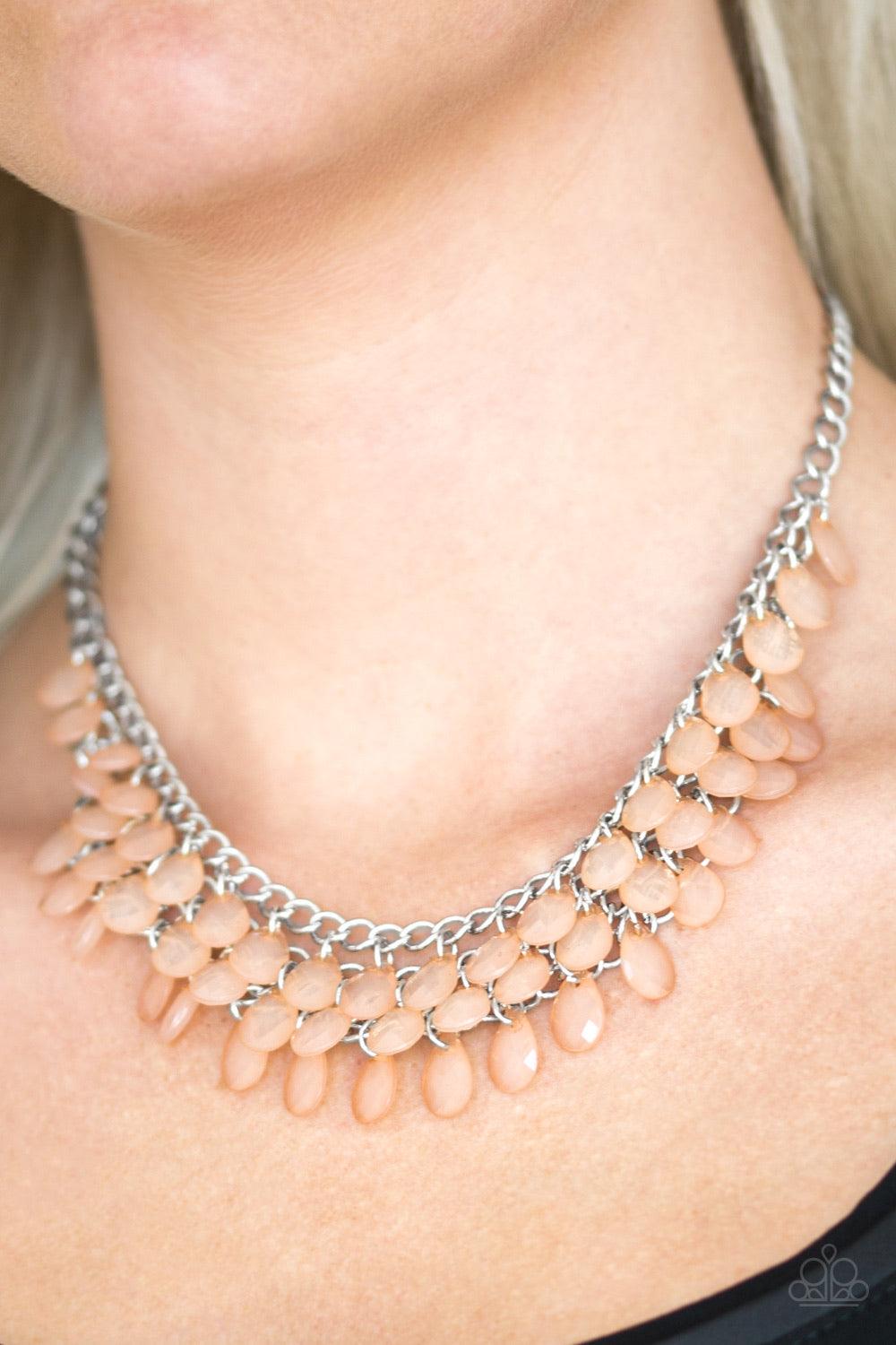 Paparazzi Accessories Next In SHINE - Brown Rows of refreshing brown teardrops cascade from the bottom of a shimmery silver chain, creating a flirty fringe below the collar. Features an adjustable clasp closure. Jewelry