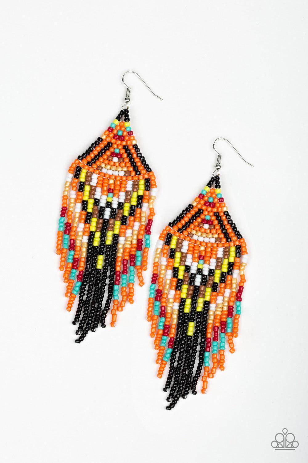 Paparazzi Accessories Boho Blast - Black Featuring black, blue, yellow, red, orange, brown, and golden seed beads, dainty beaded tassels swing from a beaded triangular frame for a colorful tribal look. Earring attaches to standard fishhook fitting. Jewelr