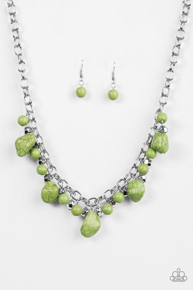 Paparazzi Accessories Paleo Princess - Green Featuring round and asymmetrical cuts, refreshing green stones trickle from the bottom of a double chain-linked chain. Faceted silver beads trickle between the stones, adding a splash of metallic shimmer to the