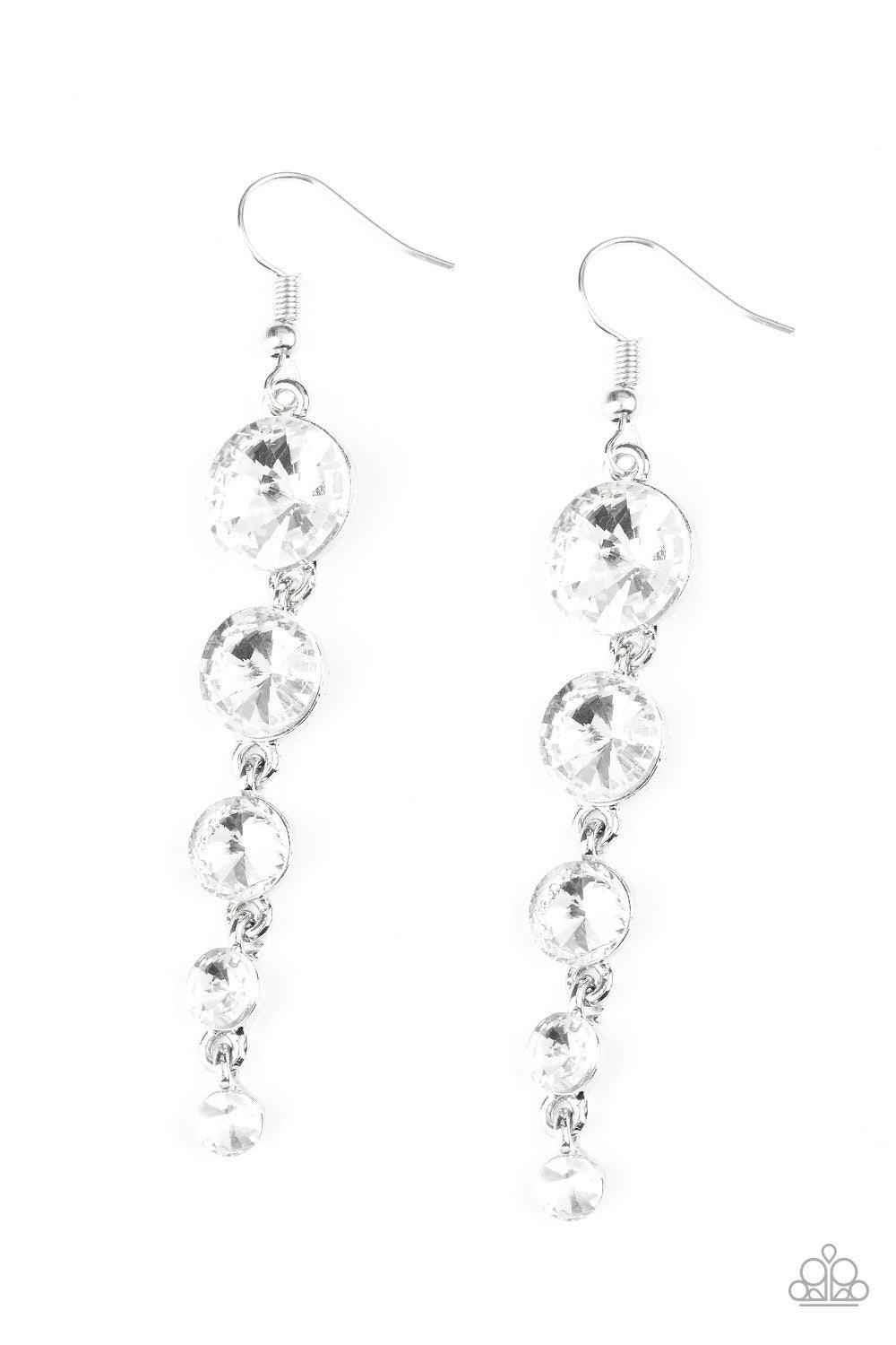Paparazzi Accessories Raining Rhinestones - White Gradually decreasing in size, glassy white rhinestones trickle from the ear, coalescing into a glamorous lure. Earring attaches to a standard fishhook fitting. Sold as one pair of earrings. Jewelry
