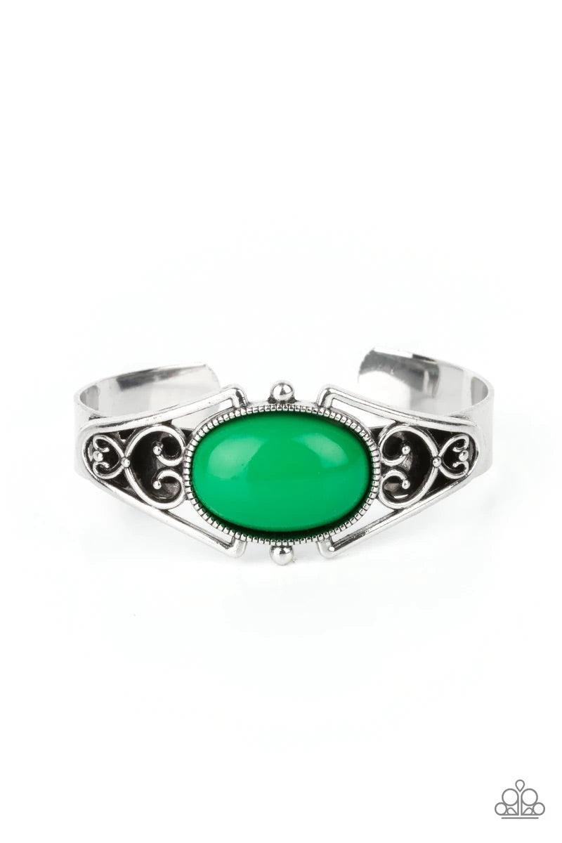 Paparazzi Accessories Springtime Trendsetter - Green A bubbly Mint bead is nestled inside a silver filigree filled frame atop a dainty silver cuff, creating a whimsical centerpiece around the wrist. Sold as one individual bracelet. Jewelry