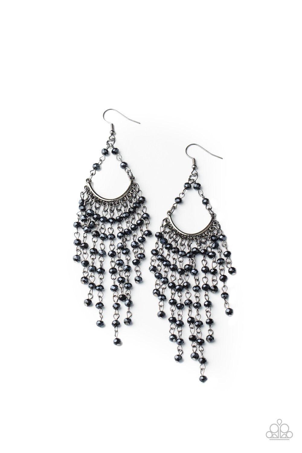 Paparazzi Accessories Metro Confetti - Blue Metallic blue beaded tassels cascade from the bottom of a bowing gunmetal bar, creating an ethereal tapered fringe. Earring attaches to a standard fishhook fitting. Sold as one pair of earrings. Jewelry