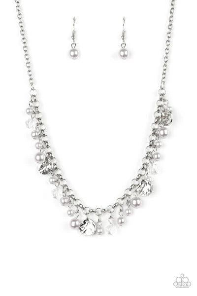 Paparazzi Accessories Coastal Cache - Silver Pearly silver beads, smoky crystal-like gems, and hammered silver discs swing from a bold silver chain, creating a refined fringe below the collar. Features an adjustable clasp closure. Sold as one individual n