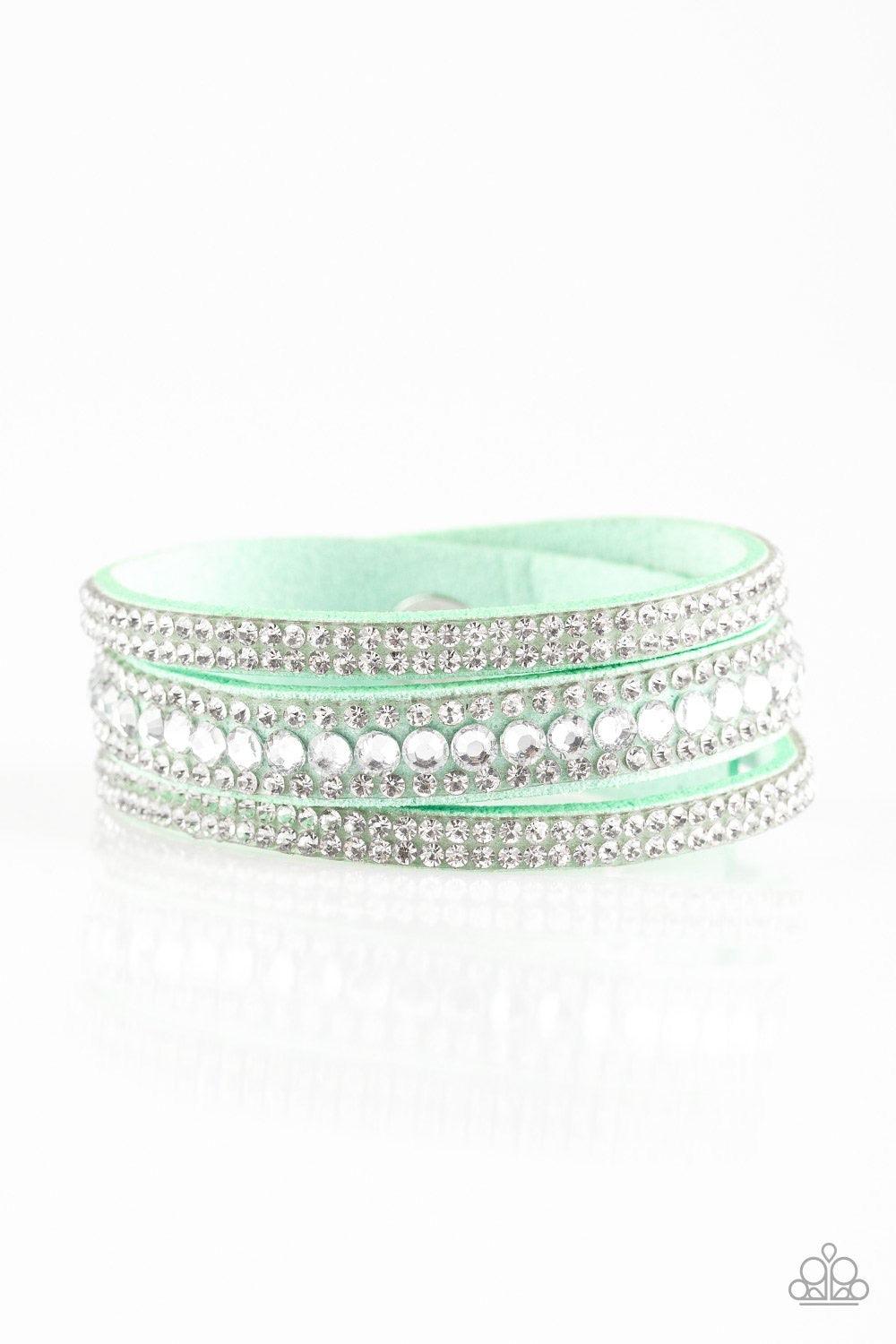 Paparazzi Accessories Harlem Hustle - Green Varying in size, glittery white rhinestones are encrusted along a Spearmint suede band that has been spliced into three glittery strands. Features an adjustable snap closure. Jewelry