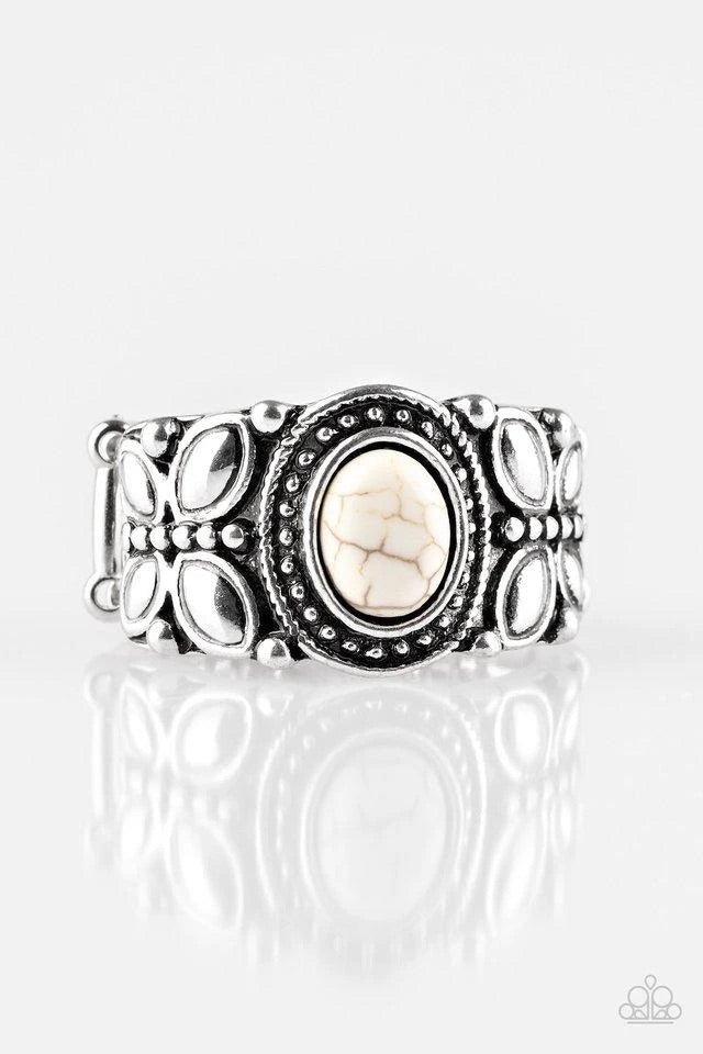 Paparazzi Accessories Butterfly Belle - White A refreshing white stone is pressed into a shimmery silver band radiating with butterfly details for a whimsical look. Features a stretchy band for a flexible fit. Sold as one individual ring. Jewelry