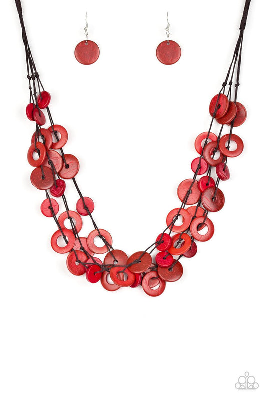 Paparazzi Accessories Wonderfully Walla Walla - Red Shiny brown cording knots around mismatched red wooden beads, creating vivacious layers. Features a button loop closure. Jewelry