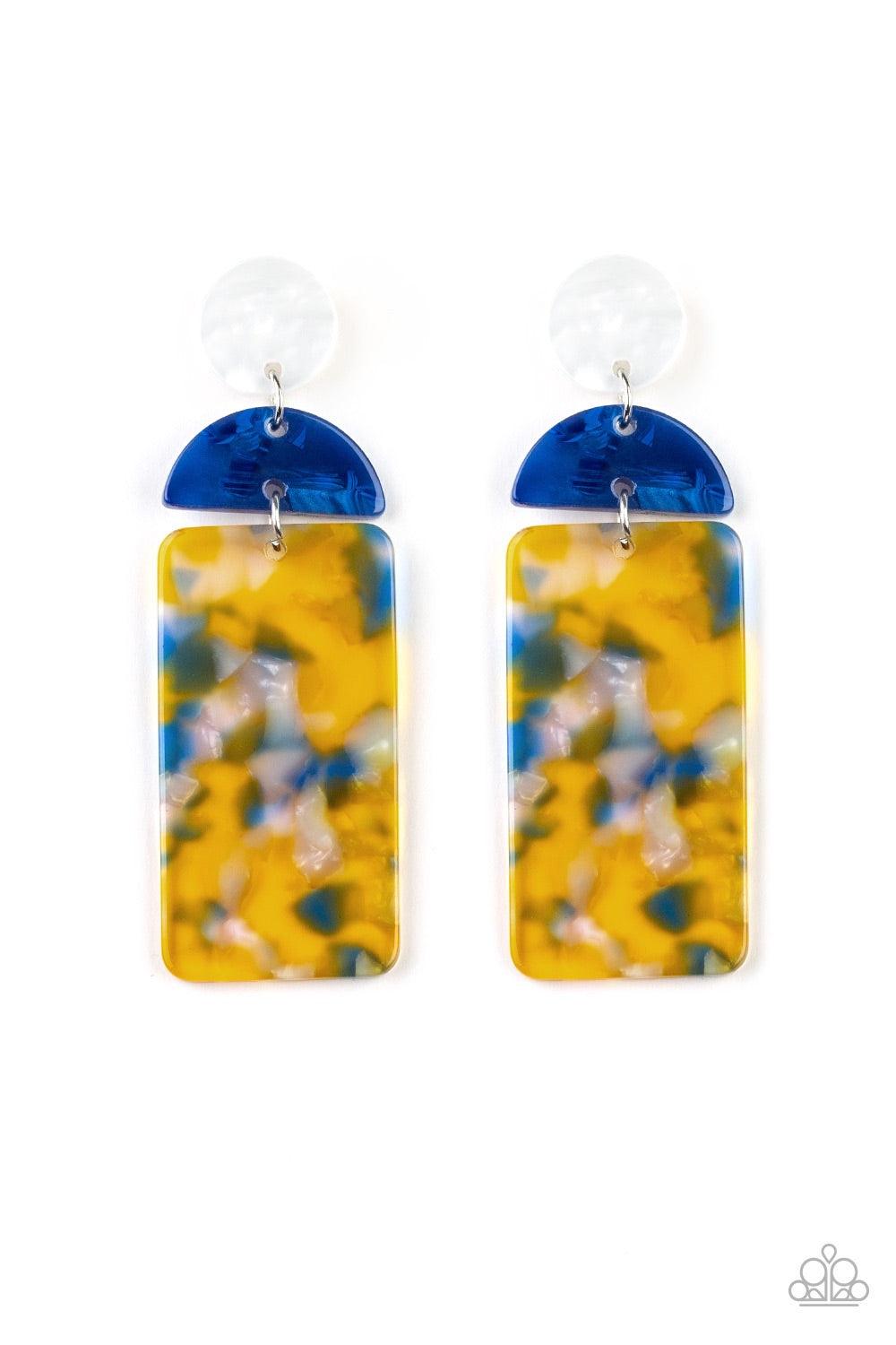 Paparazzi Accessories HAUTE On Their Heels - Yellow Brushed in a collision of faux marble finishes, an assortment of acrylic frames link into a retro inspired lure for a flirtatious flair. Earring attaches to a standard post fitting. Jewelry