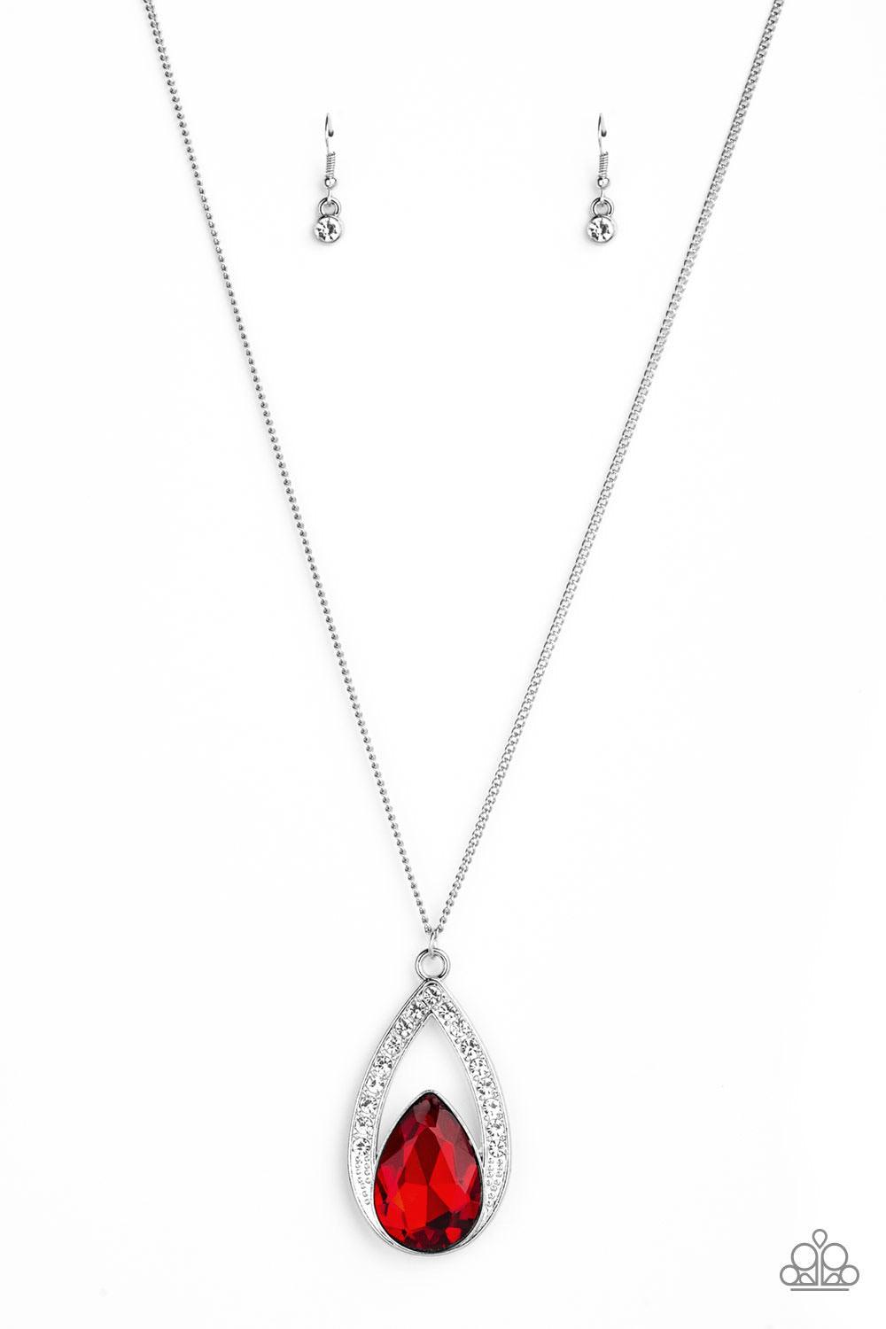 Paparazzi Accessories Notorious Noble - Red A fiery Samba teardrop gem is pressed into a silver frame radiating with glassy white rhinestones. The glamorous pendant swings from the bottom of a shimmery silver chain for a refined look. Features an adjustab