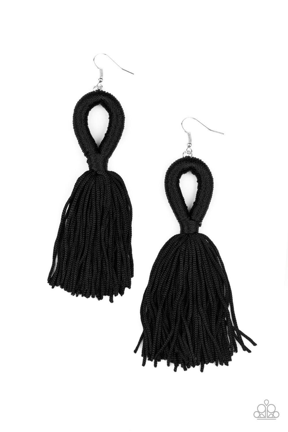 Paparazzi Accessories Tassels and Tiaras - Black Shiny black cording delicately loops and knots into an elegant tassel. Earring attaches to a standard fishhook fitting. Sold as one pair of earrings. Jewelry