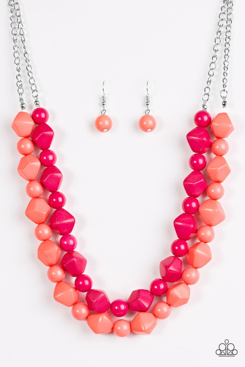 Paparazzi Accessories Rio Rhythm - Multi Tiers of round and abstract pink and coral beading layer below the collar in a colorful tribal fashion. Features an adjustable clasp closure. Sold as one individual necklace. Includes one pair of matching earrings.