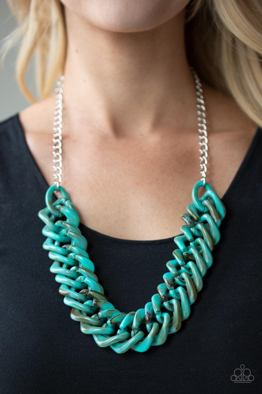 Paparazzi Accessories Comin In HAUTE - Blue Brushed in a faux marble finish, square turquoise acrylic links subtlety twist as they link below the collar for a colorful statement-making look. Features an adjustable clasp closure. Jewelry