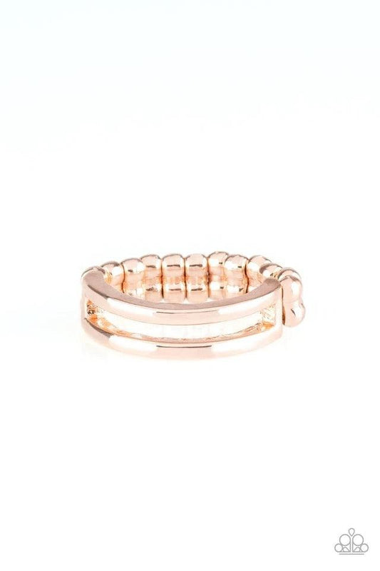 Paparazzi Accessories I Need Space - Gold Glistening rose gold bands arc across the finger, joining into an airy band for a casual look. Features a dainty stretchy band for a flexible fit. Sold as one individual ring. Jewelry