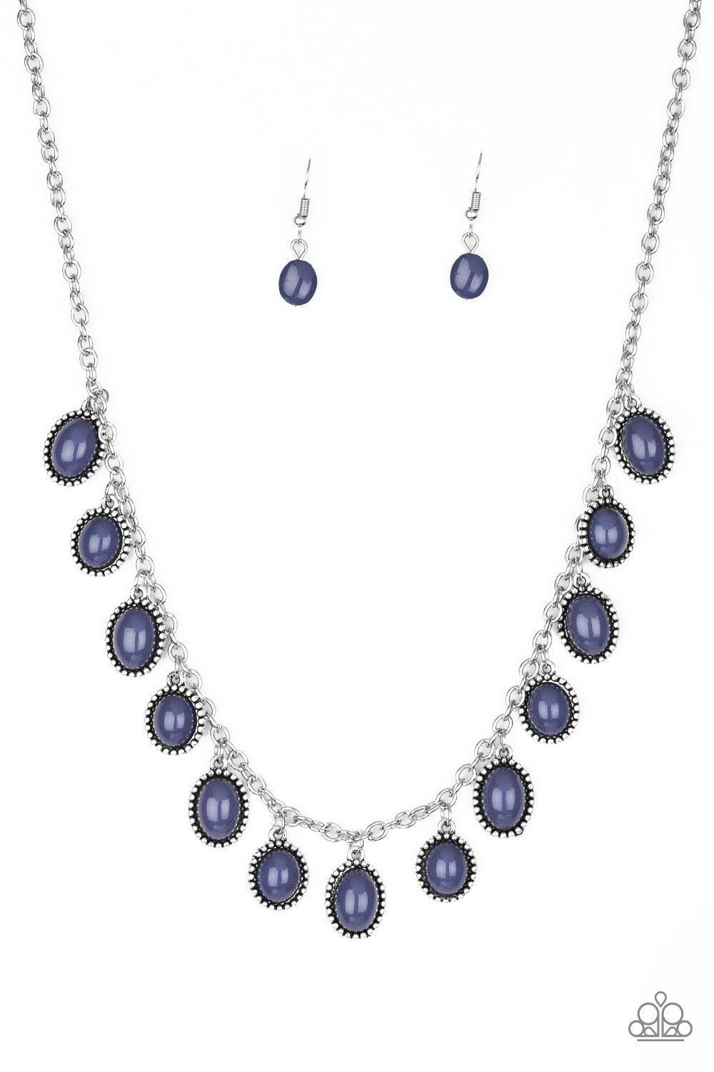 Paparazzi Accessories Make Some ROAM! - Blue Infused with studded silver frames, round and oval Sargasso Sea beads swing from a shimmery silver chain, creating a refreshing fringe below the collar. Features an adjustable clasp closure. Sold as one individ