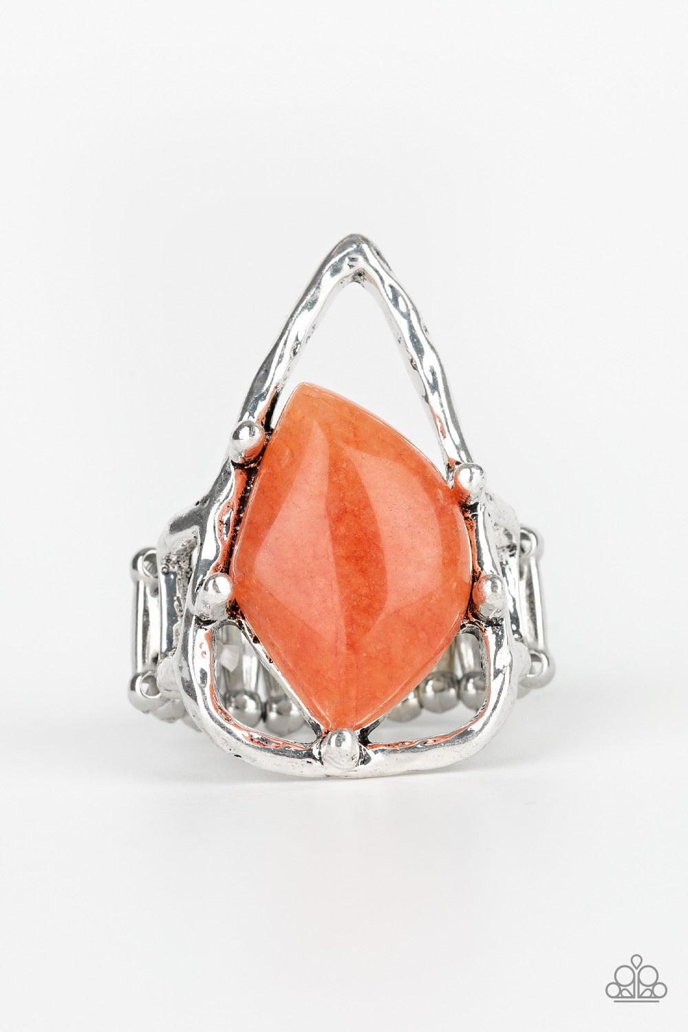 Paparazzi Accessories Get The Point ~Orange An abstract orange stone is nestled inside a hammered silver triangle, creating an artisan inspired frame atop the finger. Features a stretchy band for a flexible fit.