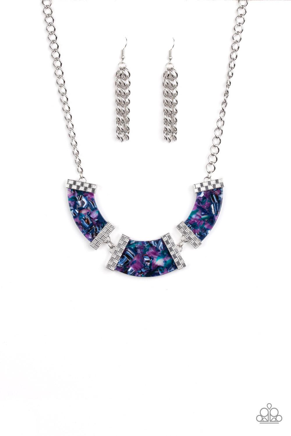 Paparazzi Accessories HAUTE-Blooded ~Purple Swirling with color, a trio of purple acrylic frames are nestled inside checker textured silver fittings as they link below the collar for a seasonal flair. Features an adjustable clasp closure.